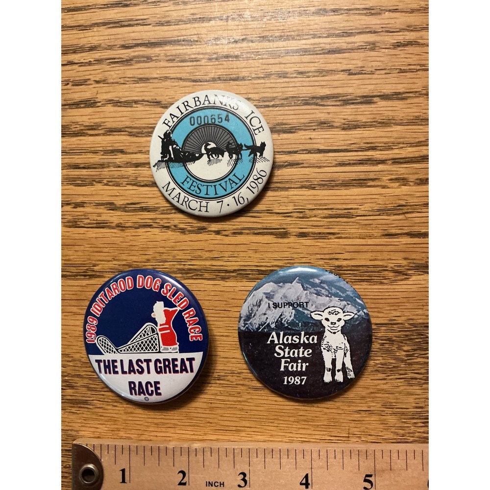 Vintage Alaska Pin Lot 1986 Fairbanks Ice Festival 1987 State Fair 1989 Iditarod